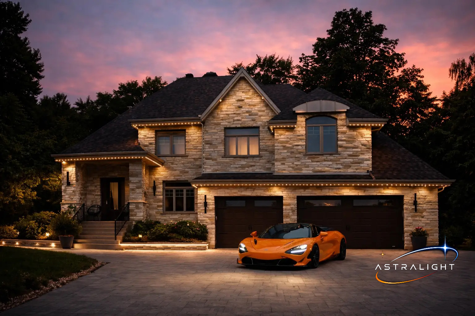 A stone two-storey home with warm roofline lighting glowing at dusk
